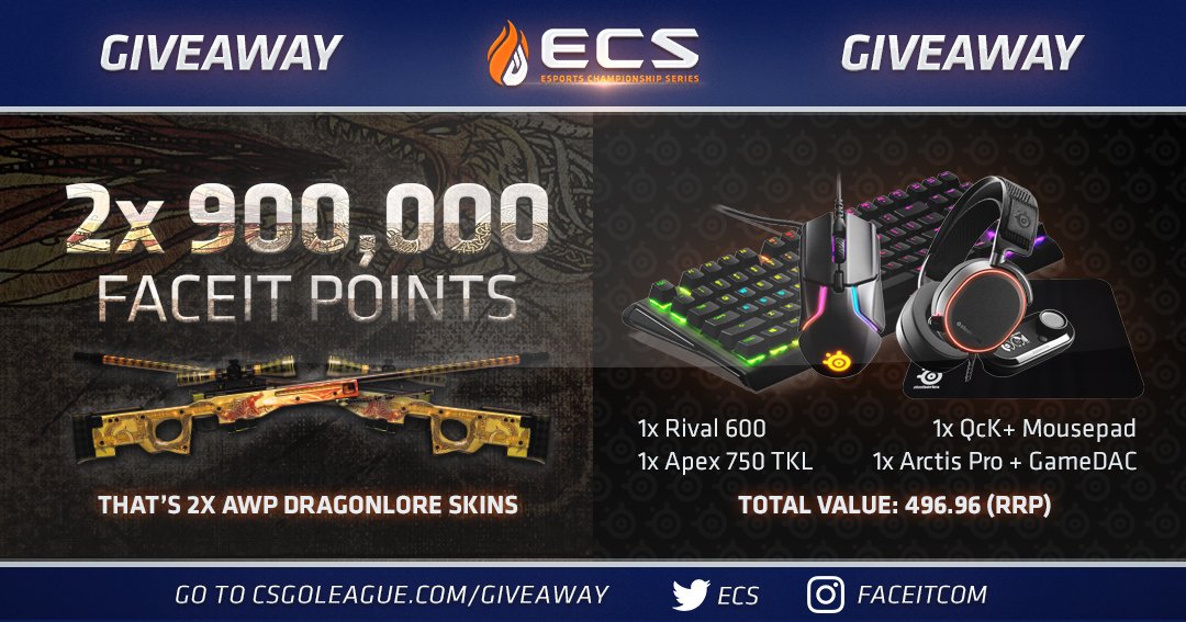 Flashpoint's tweet image. 🎉 #ECS5 Finals Mega GIVEAWAY! 🎉

💰 2x 900,000 FACEIT Points - Each enough for an AWP | Dragon Lore! 

PLUS

⌨️ @SteelSeries Pro Bundle - Over £475 of gaming peripherals! 

Enter now 👉 csgoleague.com/giveaway
