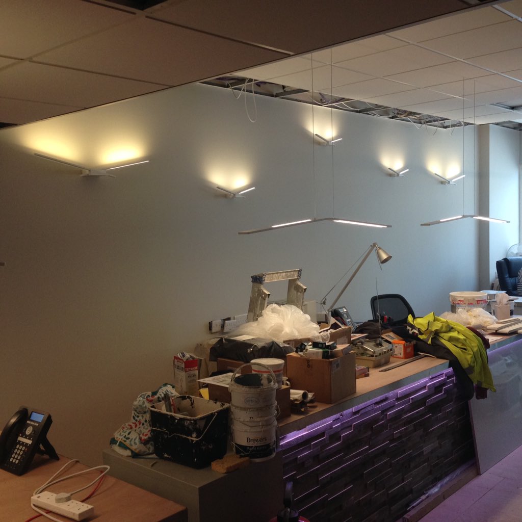 Ongoing refurb of #TKI HQ. New <a href="/LineaLightGroup/">Linea Light Group</a> fittings being installed with <a href="/havwoods/">Havwoods</a> timber cladding to front of built in workstations #InteriorFitOut #OfficeFitOut #Refurbishment #TKway <a href="/tkinstallations/">TKI</a>