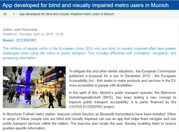 H2020_INCLUSION's tweet photo. Thanks to the #EU #CIVITAS_ECCENTRIC project, a new app has been developed to help visual impaired &amp; #blind people navigating and using #PublicTransport, i.e. #MetroStations → https://t.co/mRb7qcoeIE Well done! #SocialInclusion @Rupprecht_Tweet @Taxistop_be @CIVITAS_EU https://t.co/oWIyFRRd0b