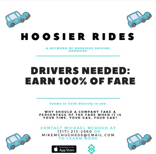 Hoosier Rides is hiring drivers in the Indianapolis area. Choose your own hours, be your own boss, and ALWAYS earn 100% of the customer fare