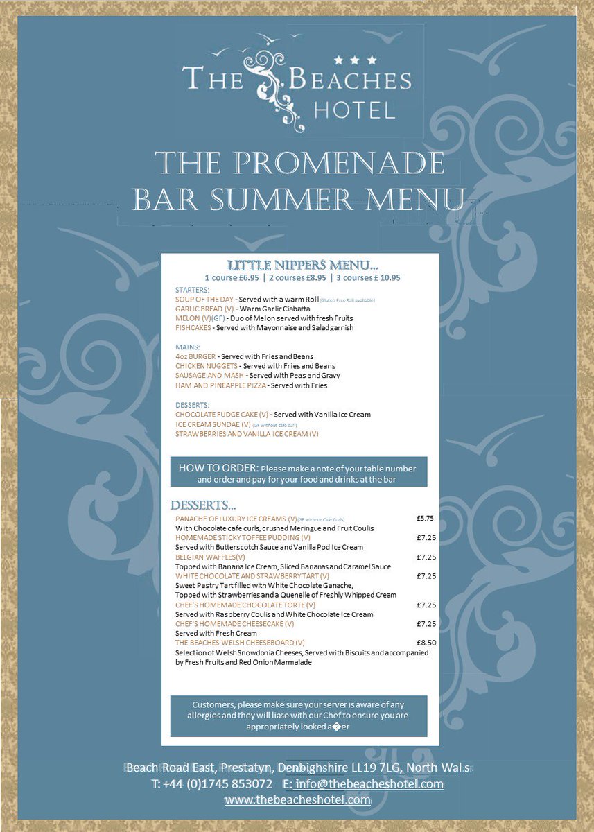 Here are our new Promenade Bar &amp; Bryn Restaurant menu's.. With some delicious delights on offer, call us to reserve your table on 01745 853072..
We serve food daily from 12pm - 9pm :) xx