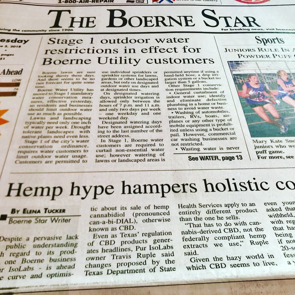 PurIsoLabs's tweet photo. We made the #BoerneStar #frontpage! Thanks for the #love! 
#Education #Boerne #Texas #HillCountry #HillCountryHemp #CBD #Hemp #Health #Live #Life #Balance #Healthy #industrialhemp #votehemp #farming #farm #cbdoil #news #goodnews #readallaboutit #breakingnews #SanAntonio #natural https://t.co/oJUPsaf7h3
