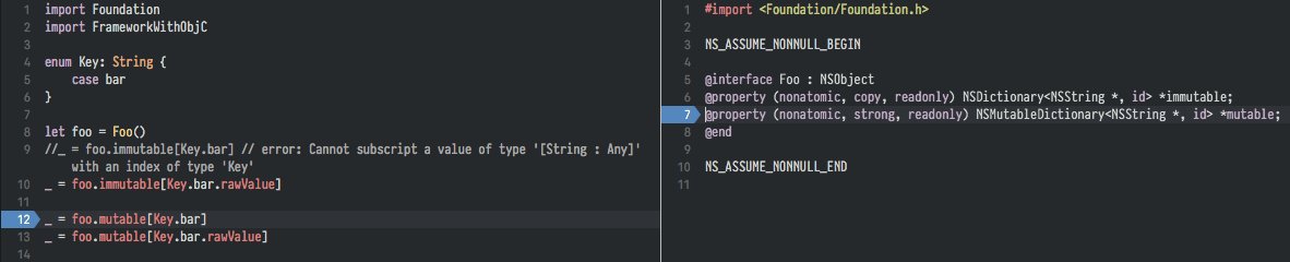 rastersize's tweet image. Sooo `NSMutableDictionary` does not import with the Key and Value type hints in Swift 4. That caused a nice really hard to debug crash…

I.e. this compiles fine
foo: NSMutableDictionary&amp;lt;NSString *, id&amp;gt;
foo[false] = true

😱

See the lines with breakpoints in the screenshot