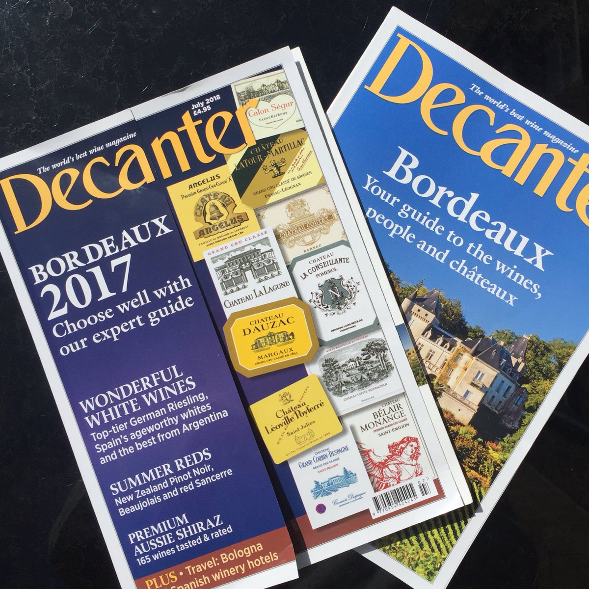 Decanter's tweet photo. The July 2018 issue of Decanter is on sale now - including Bordeaux 17 en primeur, Australian Shiraz and top NZ Pinot Noir for the cellar. Plus a free Bordeaux supplement #wine #bdx17 https://t.co/JQCi0Ngukh https://t.co/emTq3jX2ti