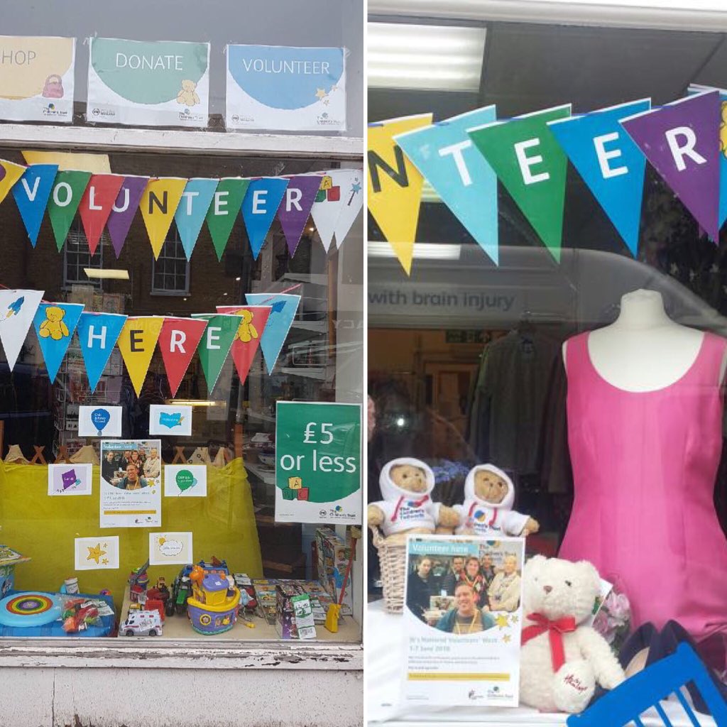 Fabulous window displays from #chertsy &amp; #Tadworth For #volunteerweek. Thank you so much to <a href="/Childrens_Trust/">The Children's Trust</a> #volunteeringteam for supplying us with the gorgeous colourful bunting. And for all your #support working with our #volunteers ~ we appreciate your help so much 🙌🙌😀