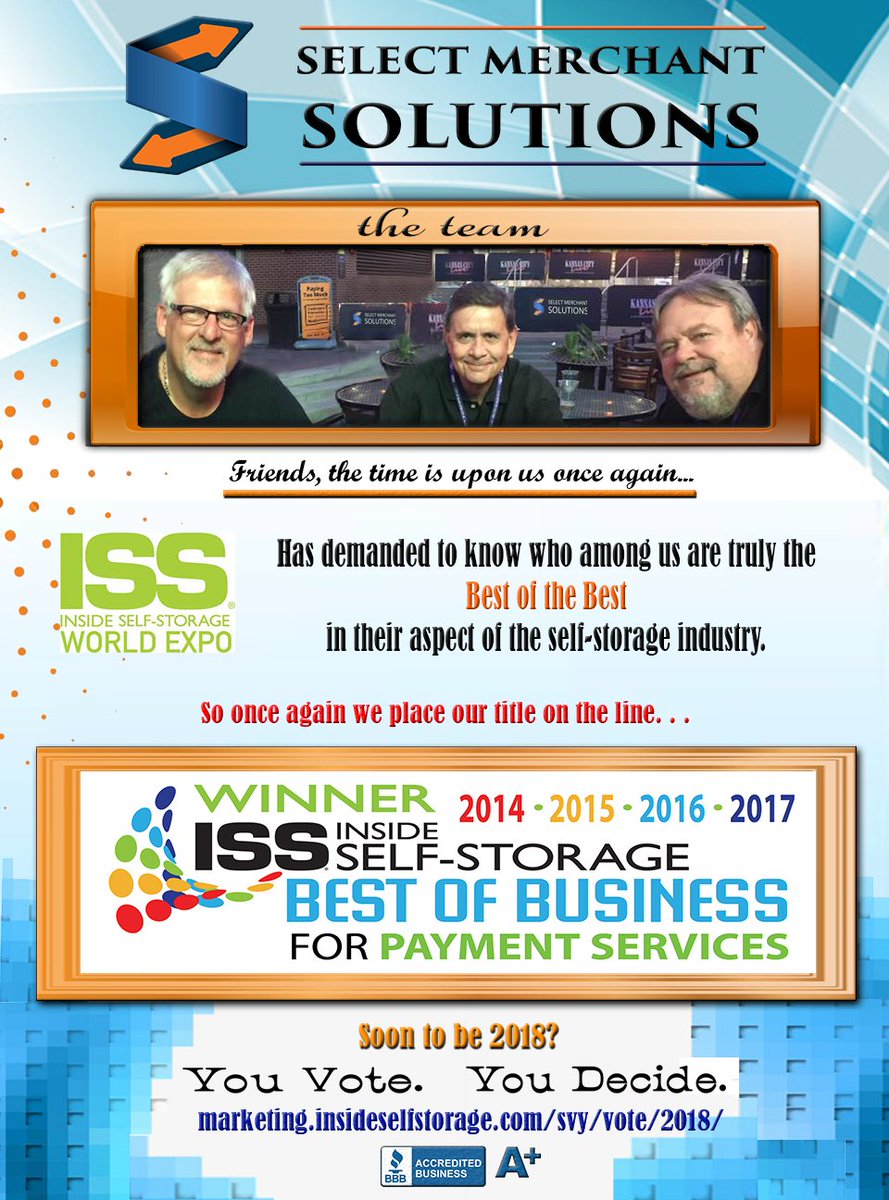 SMSProcessing's tweet image. Has our service been great for you? Vote to keep us on top with the ISS Expo&apos;s Best of Business!
#ISS #InsideSelfStorage #SelfStorage #ISSExpo #BestOfBusiness #BestInTheBusiness