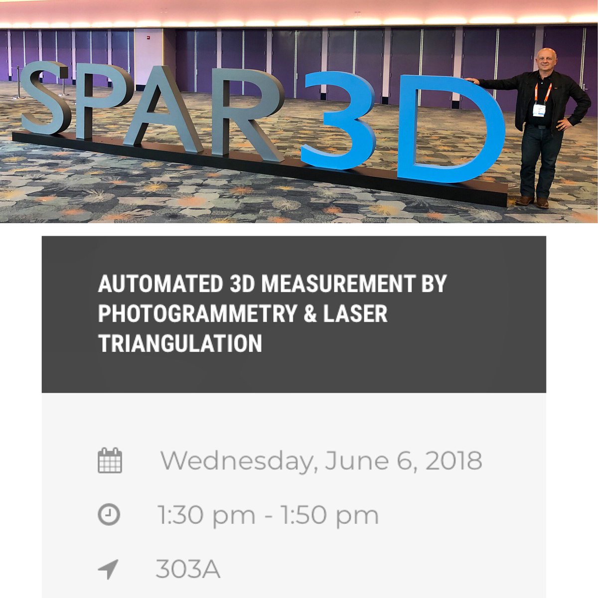 dimeyecorp's tweet photo. TODAY: Don’t miss @Arnauld3d conference at 1:30pm about automated 3D Measurement by Photogrammetry &amp; Laser Triangulation! 303A #SPAR3D18 @SPAR_Events #VLS™ #VideoLaserScan™ #Photogrammetry #LaserTriangulation #Anaheim #Today #Wednesday #conference #tradeshow #spar3d #dimeye https://t.co/24OLi5K4kX