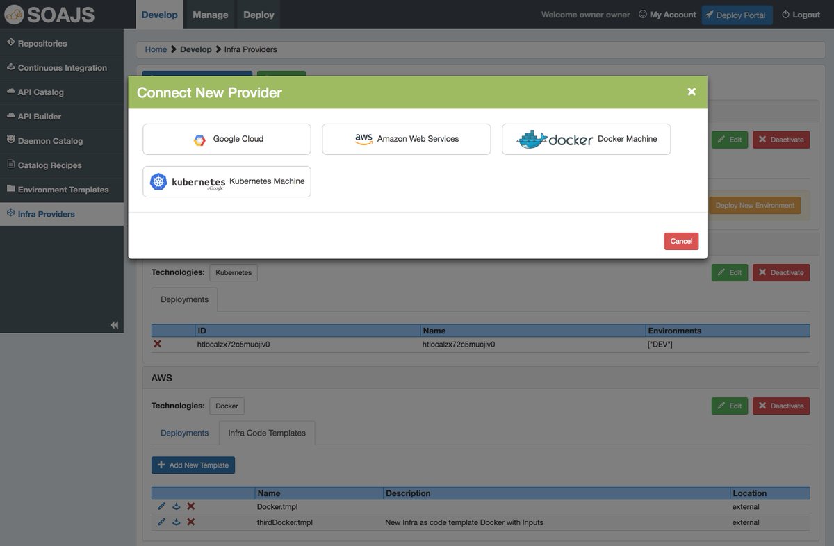 soajsorg's tweet photo. Check out our latest release. Build complex multi tier environment in a simplistic approach using multi technology #Kubernetes, #Docker &amp; orchestrate multi cloud providers #AWS, #Azure, #GCP https://t.co/oa6WNx6sHh