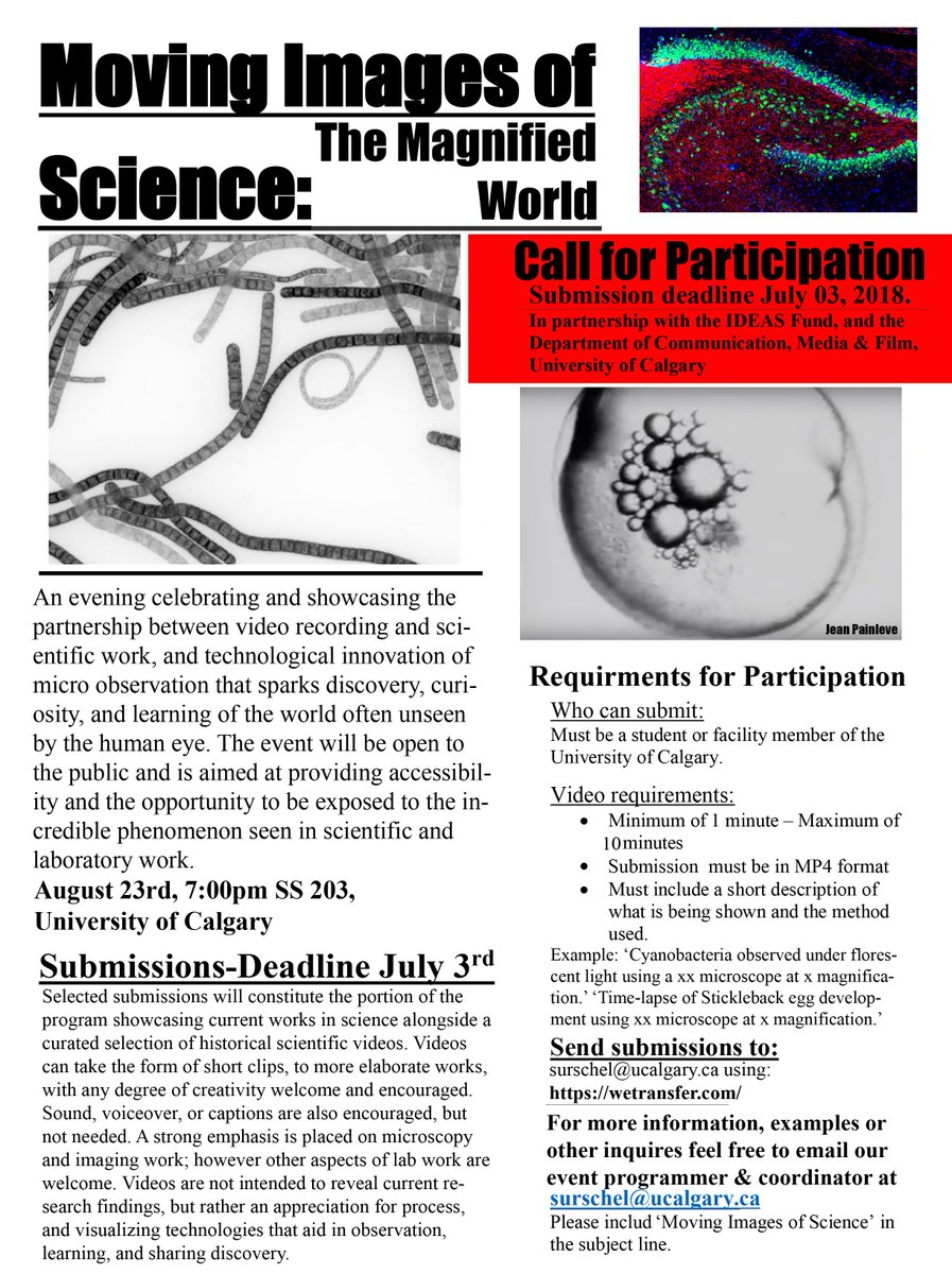 MicroscopeSyd's tweet photo. Just under a month to submit video recordings for 'Moving Images of Science: The Magnified world!' If you are part of the @UofC_Science community, I highly encourage you to participate! 
I'm programming the event with the help of the IDEAS Fund @UofC_Science and @CMFCalgary! https://t.co/JFGVe7JeQY