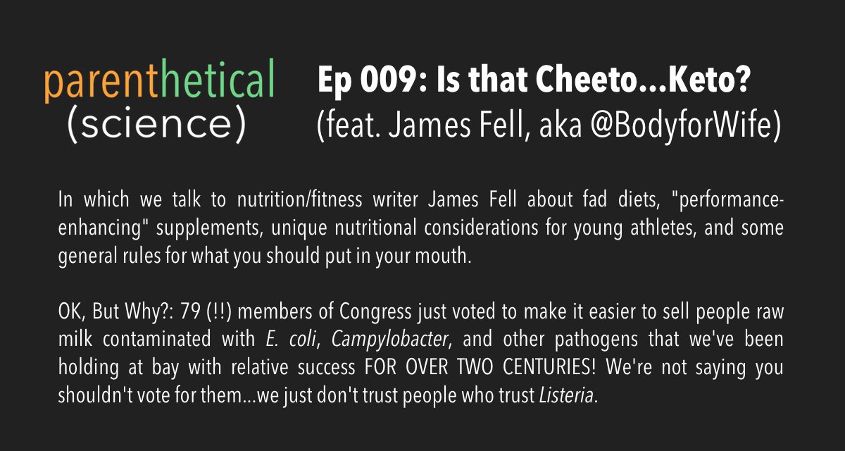 New episode available! Listen in as we chat with <a href="/BodyForWife/">James Fell</a> about fad diets, nutrition for young athletes, and other nutrition topics. Then stick around to learn why too many of our legislators are trying to make it easier for you to purchase raw milk???
parscipod.libsyn.com/ep-009-is-that…