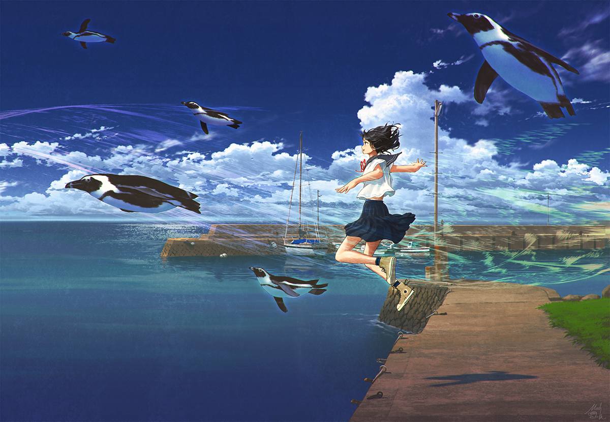 Mocha 浅草橋で個展 絵空百景 空を飛びたいって思う人は多いと思うけど 飛ぶ練習をする人 はものすごく少ないとおもうのです 飛ぶ練習をしている人がかっこよく見える社会を表現したくて描いた絵です