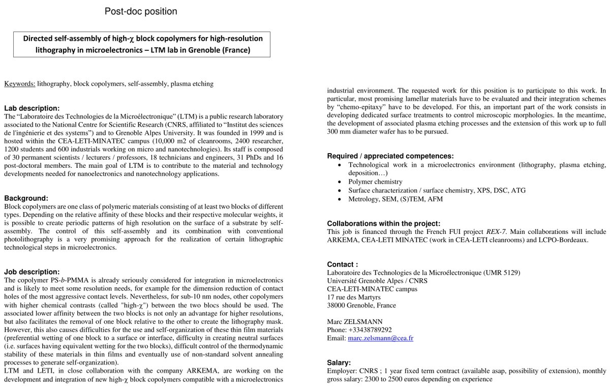 Nous recherchons un #postdoc motivé en lithographie par copolymères à blocs!! Partagez autour de vous ! #lithography #blockcopolymers #blockcopolymer #PostdoctoralFellowship