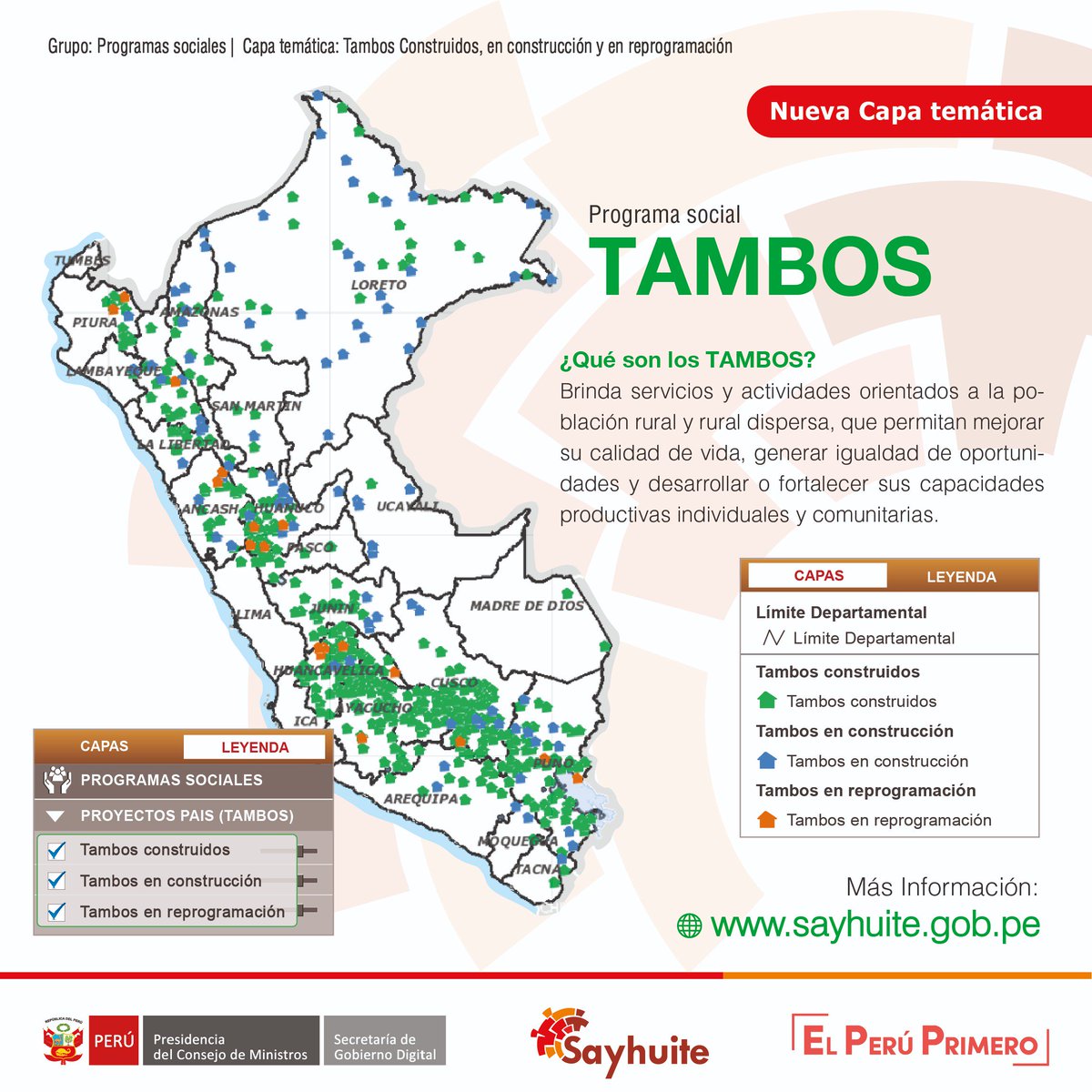 SayhuitePCM's tweet photo. 📢 #NuevaCapa | Tambos - Proyecto País
Los Tambos acercan los beneficios del Estado a la población vulnerable de zonas rurales dispersas y contribuyen a la reducción de brechas o carencia de servicios públicos en el ámbito rural y rural disperso https://t.co/MxEtZyNUGJ https://t.co/GUGnK9yaDZ