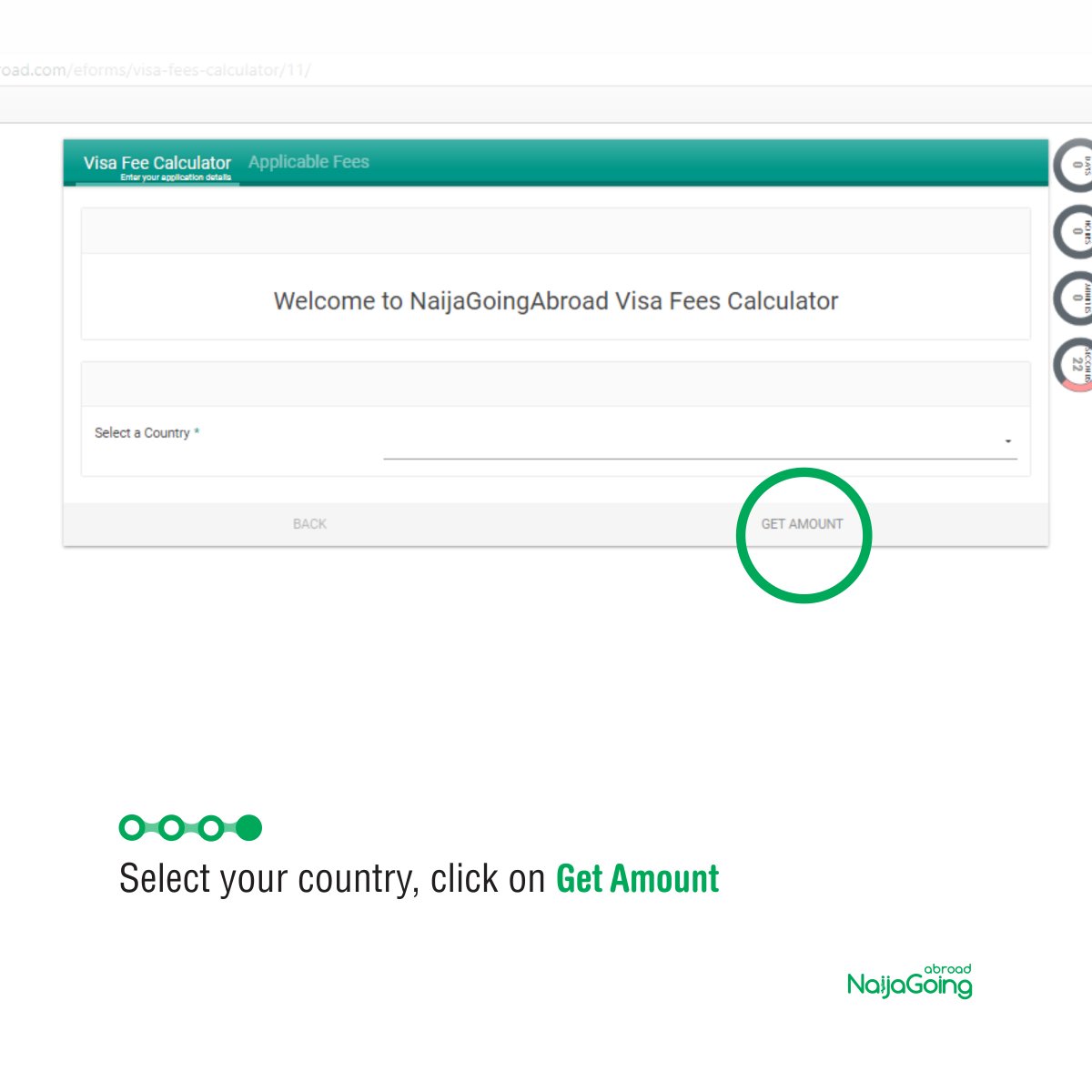 9jagoingabroad's tweet image. 4- Select your country, click on Get Amount
.
.
.
#traveltool #visafeecalculator #naijagoingabroad