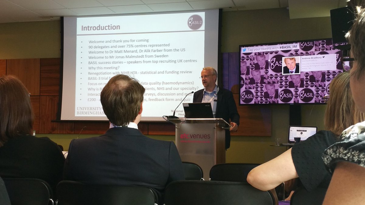 surreyvascular's tweet photo. Congratulations to @andrewbradbury and @basil_trials team for hosting an excellent Principle Investigators Meeting in Birmingham. 2 important trials that will help answer vital questions in CLI treatment. #BASIL_IM @OfficialNIHR @NIHRCRN_kss @VSGBI @BSETnews @BEST_CLI @EVToday https://t.co/ddkHOX5Z06