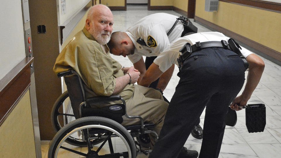 bostonherald's tweet photo. Child rapist arrives and departs Ayer court this morning in a wheelchair, as seen in this @CchristoPhoto photo. He'll be held without bail until at least June 27, @Laurel_Sweet reports. https://t.co/H4v6Z8OAvp https://t.co/jIOWNQgORb