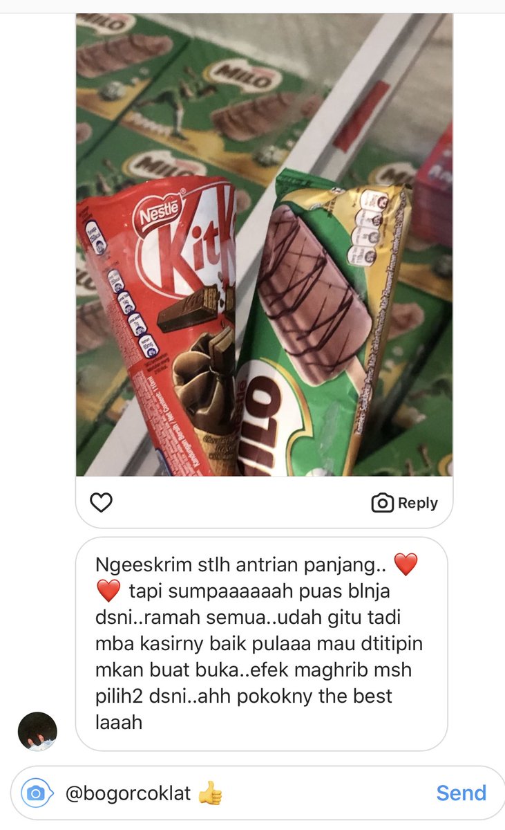 bogorcoklat's tweet photo. Ice cream Kitkat &amp; Milo ready @bogorcoklat 
Grosir Coklat terlengkap 
Jl. Pajajaran no. 20.O Bogor 
0251-8572747
Whatsapp 08111155320 https://t.co/69J4TdDnTD