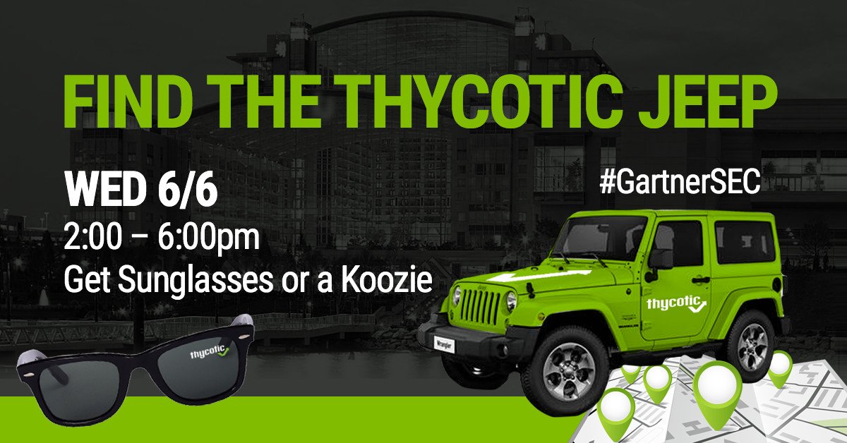 Thycotic's tweet photo. Cruise in style. 😎 Get your Thycotic sunglasses or koozie when you find the Thycotic Jeep! #GartnerSEC https://t.co/LZ24oy8HcP
