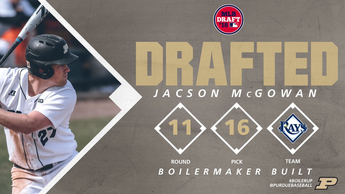 PurdueBaseball's tweet photo. .@J_McGowan23 had his name called in the 11th round of the #MLBDraft by the #Rays. #BoilerUp

With Andrews, Dalesandro &amp; McGowan all being picked within a span of 34 picks in the 10th &amp; 11th rounds, #Purdue had 3 players selected in top 11 rounds for only 2nd time (also in 2012). https://t.co/qMn3BPNP5Y
