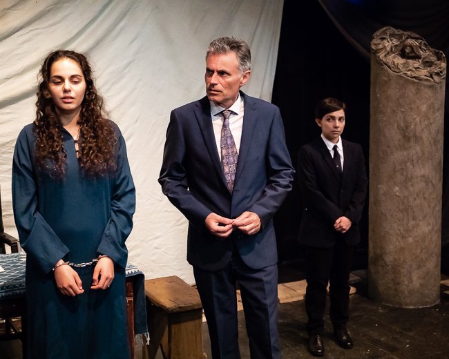 AntigoneTower's tweet photo. A dutiful king, Creon (Simon Lee), and a passionate youth, Antigone (Sarah Assaf). Meet Anouilh's tragic characters tonight, 7:30pm at @TTechnis, Camden. @towertheatre https://t.co/Di1cBv7Als