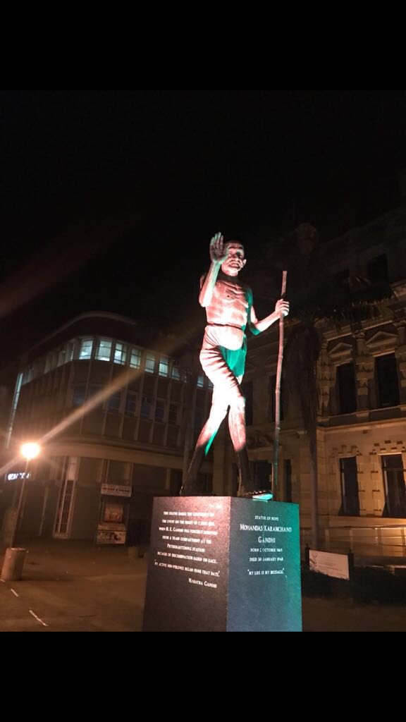 ruchirakamboj's tweet photo. Take a look at these pictures straight from Pietermaritzburg. The Station, City Hall and Gandhi ji's statue lit up in national colors @SushmaSwaraj
#Bapu150 #satyagraha125 #Gandhi @biradyajnik https://t.co/5MKsz5JZv7