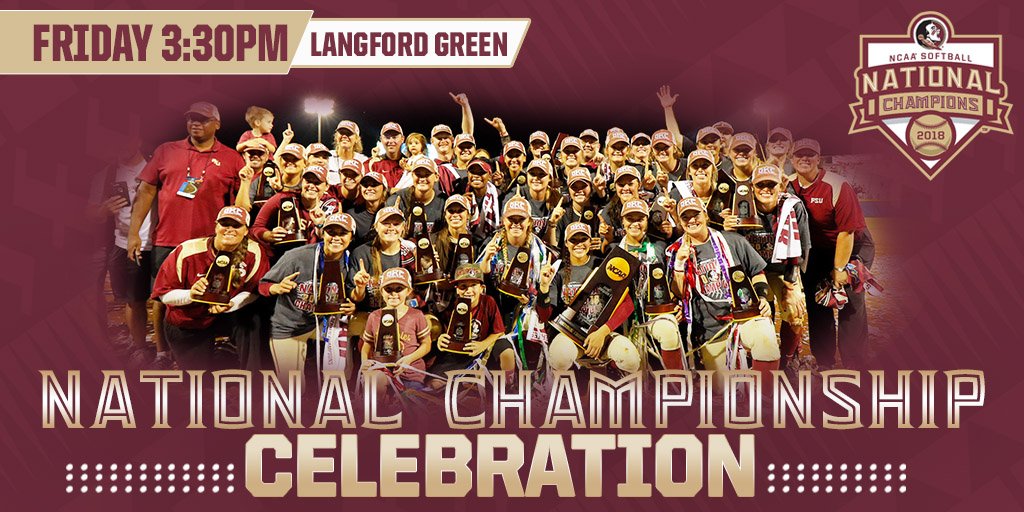 FSU_Softball's tweet photo. The celebration is set. Join us Friday at 3:30 as we light the spear at the Unconquered statue to signify the National Championship. 

#Noles | #WCWSChamps https://t.co/8ZR5WfAchs
