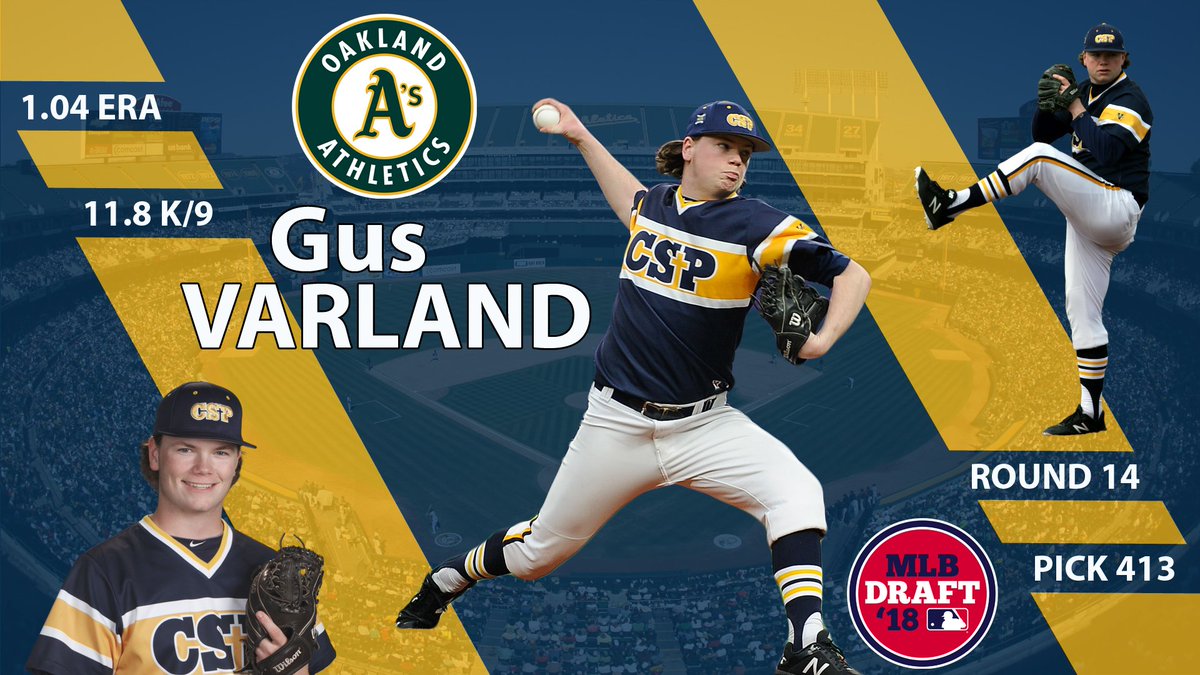 The <a href="/Athletics/">Athletics</a> select <a href="/CSPBearsBase/">Golden Bears Baseball</a>'s <a href="/GusBusVarland/">Gus Varland</a> in the 14th round of the <a href="/MLBDraft/">MLB Draft</a>! Way to #BeGolden, Gus! #WeAreCSP