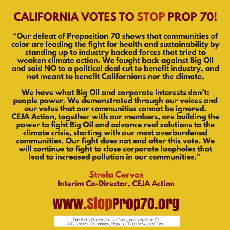 cejaaction's tweet photo. Once again, communities of color lead the way in the fight against climate change, hold decision-makers accountable for the disastrous deals they strike with industry &amp; say no to Big Oil and corporate interests in climate policy! #StopProp70 press release: https://t.co/FXXBhCgjRN https://t.co/3IIA08yAn3