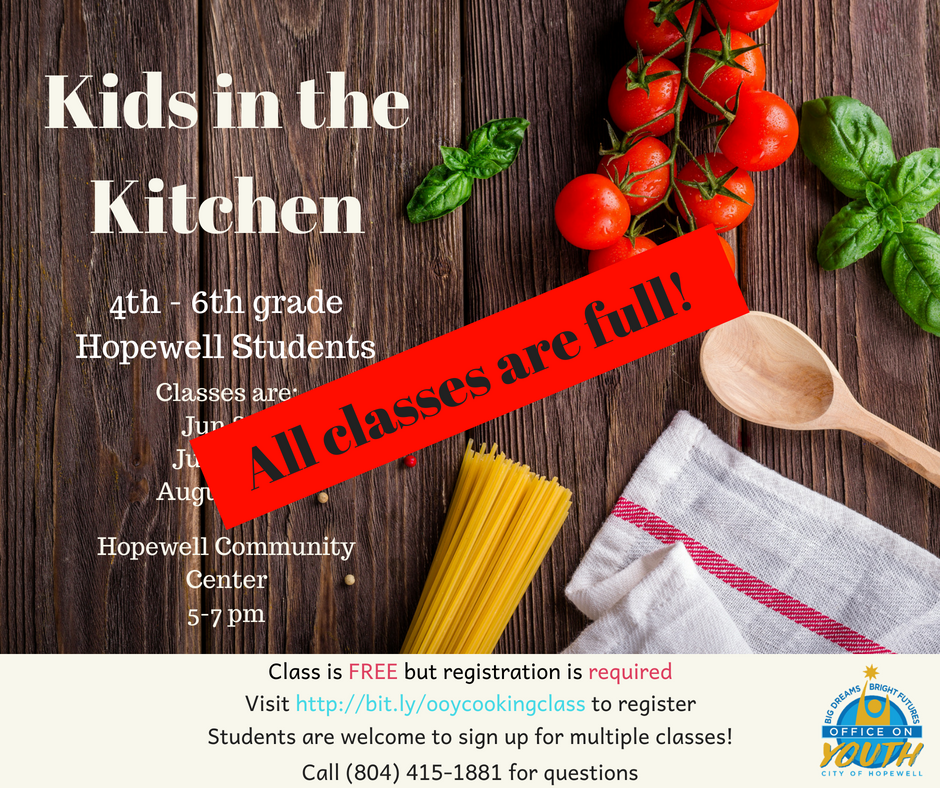 The Kids in the Kitchen cooking classes are full! We can't wait to get cooking this Friday night with all of our registered students!
