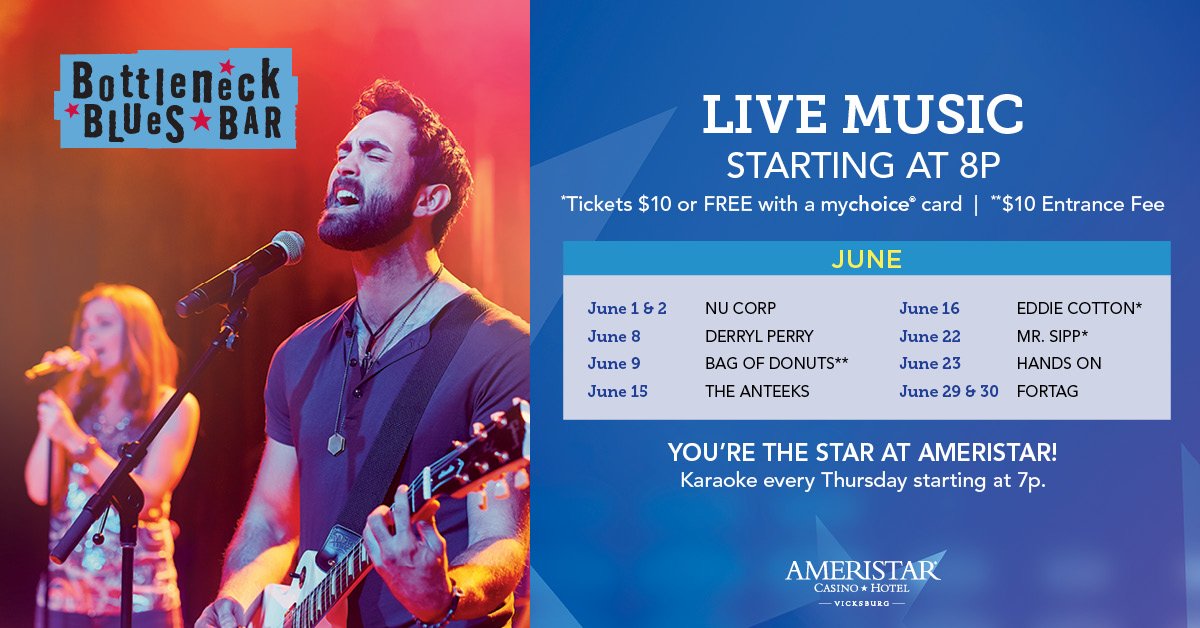 AmeristarVI's tweet photo. Check out the talent on tap at Bottleneck Blues Bar for June!
https://t.co/yH8BdBEW1n
#bottleneckbluesbar #entertainment #vicksburg #derrylperry #bagofdonuts #theanteeks #eddiecottonjr #mrsipp #handson #fortag https://t.co/PJ30oZKa2I