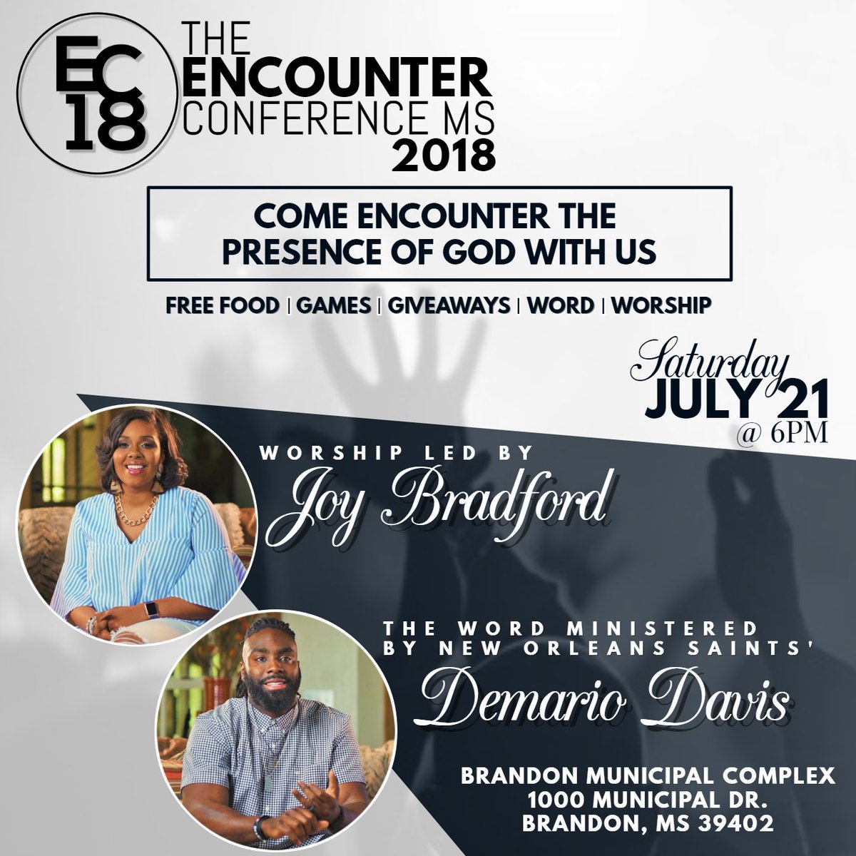 demario__davis's tweet photo. You're invited to experience The Encounter Conference MS 2018. July 21 @ 6PM
Brandon, MS
**REGISTER NOW**
https://t.co/z53JQ9U79N
#EC18 #TheEncounterConference #ChristianConferene #FreeFood #Fellowship #Fun #Games #Giveaways #PraiseAndWorship #PreachedWord #BrandonMississipp https://t.co/ICYAZyTC3k