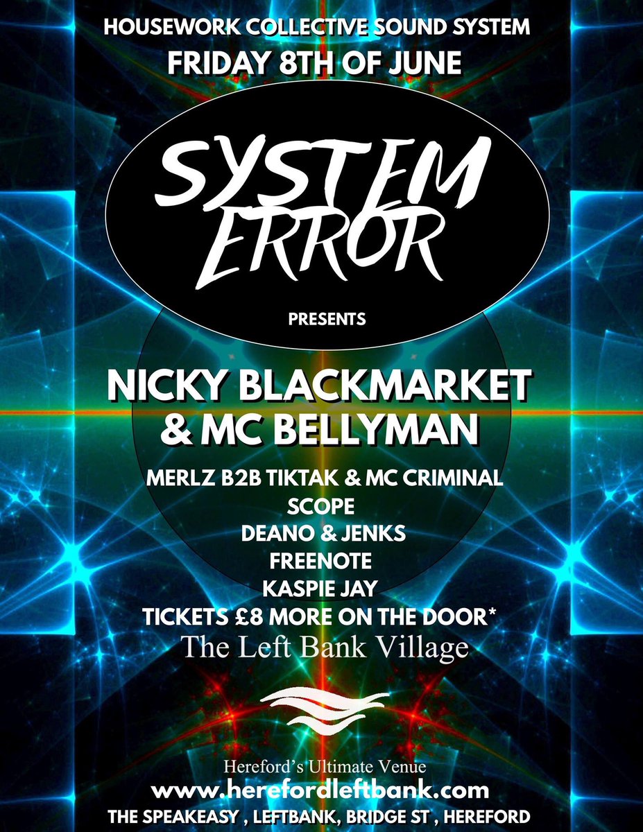 The Speakeasy Bar (@hfdspeakeasy) on Twitter photo Introducing Hereford’s newest Drum and Bass event; SYSTEM ERROR.
Tickets are £8 (more on the door)
herefordleftbank.com/event/system-e…
#hereford #dnb #music #beats #nickyblackmarket Introducing Hereford’s newest Drum and Bass event; SYSTEM ERROR.
Tickets are £8 (more on the door)
herefordleftbank.com/event/system-e…
#hereford #dnb #music #beats #nickyblackmarket