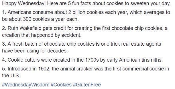 AntoninasGF's tweet photo. Happy Wednesday! Here are 5 fun facts about cookies to sweeten your day! #WednesdayWisdom #glutenfree https://t.co/NELTqyV7JJ