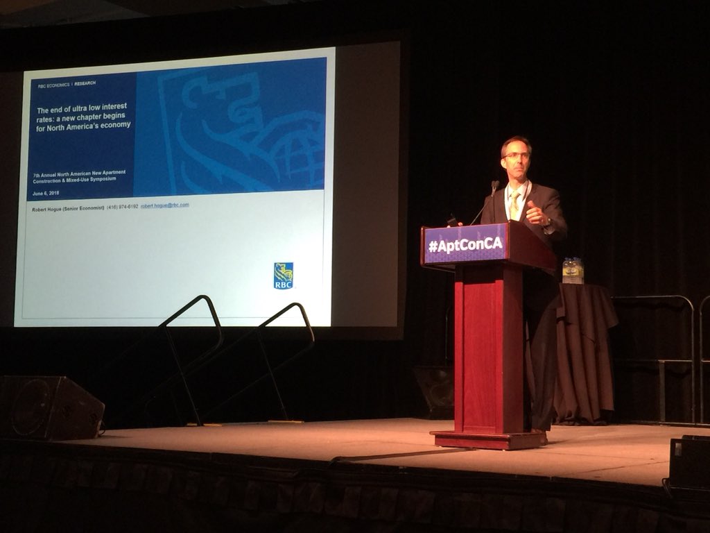DustyWallet's tweet photo. “Higher interest rates are not going to threaten growth necessarily but it’s going to change how people operate, particularly in the housing sector where low and dropping interest rates have been such a stimulus.” @RBC senior economist Robert Hogue #AptConCa https://t.co/Wbg2mDgnfw
