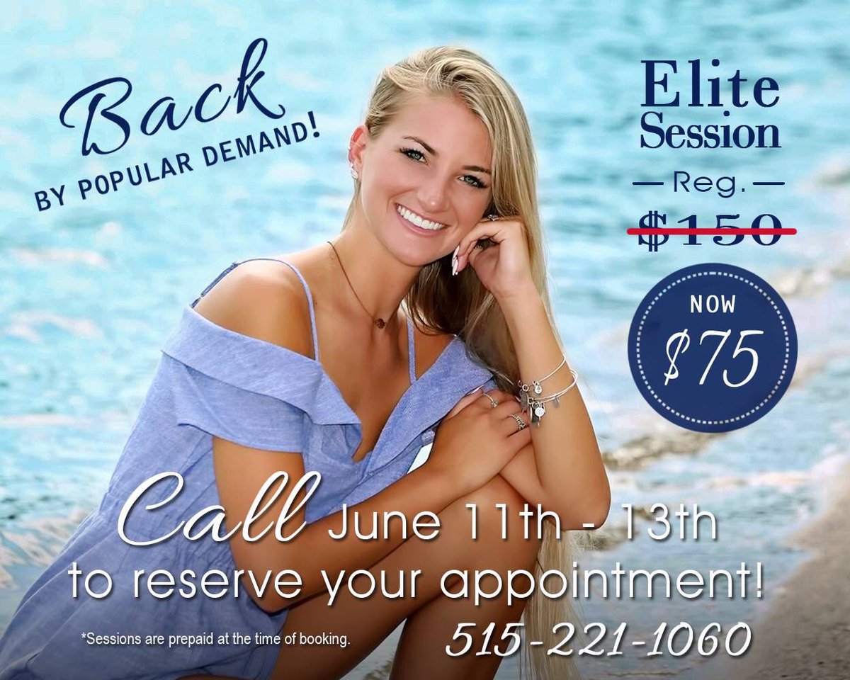 The Elite session NOW only $75, reg. $150. Call between June 11th -13th and reserve your time, 515-221-1060. #SeniorPhotographer #Classof2019 #TimVorlandPhotography