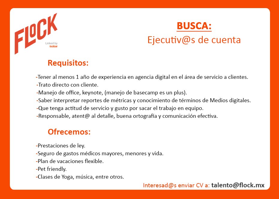 TalentoIsobarMx's tweet photo. #BuscamosTalento para el Área de Cuentas #EmpleoMx #AgenciaFlock #Ejecutiv@s https://t.co/hGGcr5NVtk