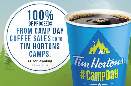 cathmckenna's tweet photo. Today is Tim Hortons #CampDay! For every coffee purchased today, @TimHortons will help give kids from low income families the camp experience! Pretty awesome. (But don't forget to bring your own mug!)

#BeatPlasticPollution https://t.co/GiPALekekg