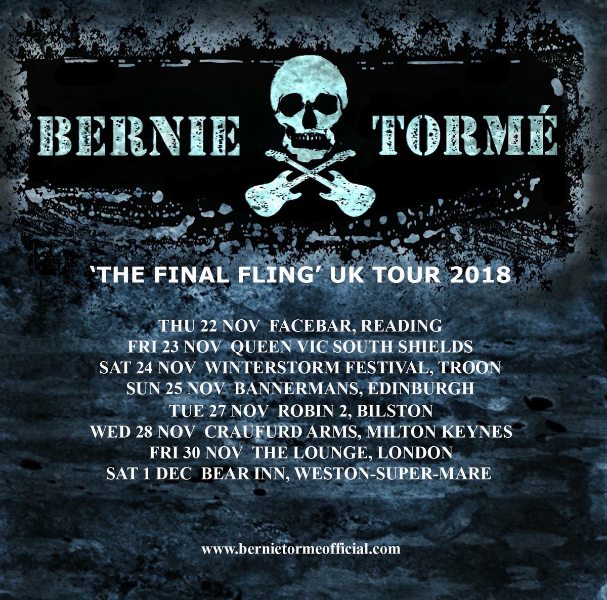 ‘THE FINAL FLING’ UK TOUR 2018 Last orders at the bar… Guitar legend Bernie Tormé (Gillan, Ozzy Osbourne, Dee Snider) will be heading out on tour for the final time in the U.K. later this year. @Bernie_Torme bernietormeofficial.com