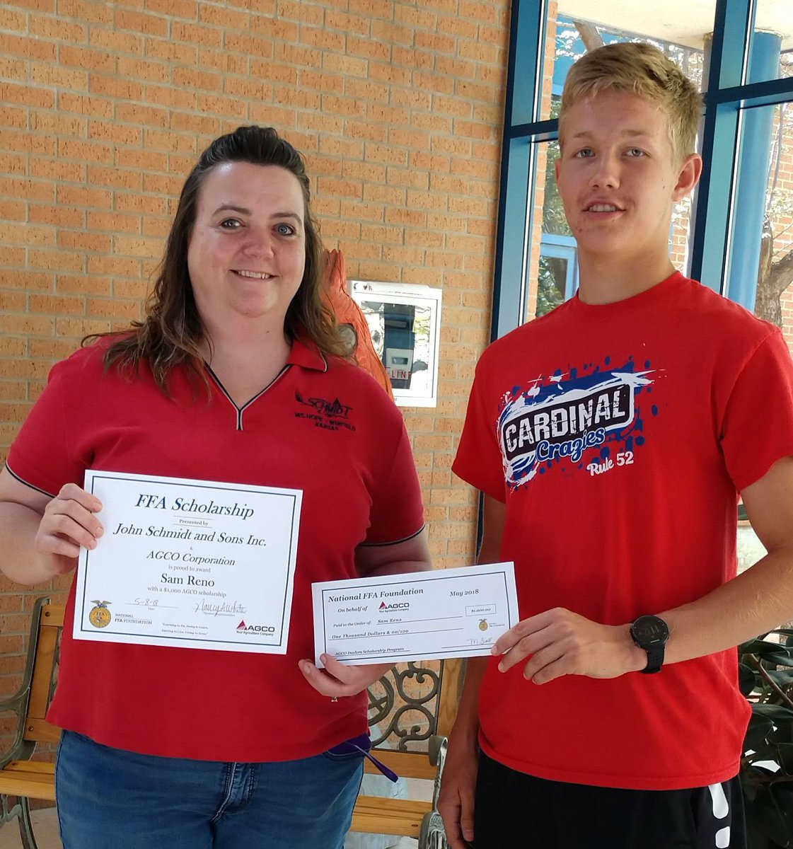 Congratulations to Sam Reno, a student at Cheney USD 268 Cheney FFA, has been awarded $1,000 scholarship for the 2017-2018 FFA scholarship year from Schmidt &amp; Sons, Inc and AGCO.   We hope this scholarship will help him achieve his goals as he attends K-State next year.