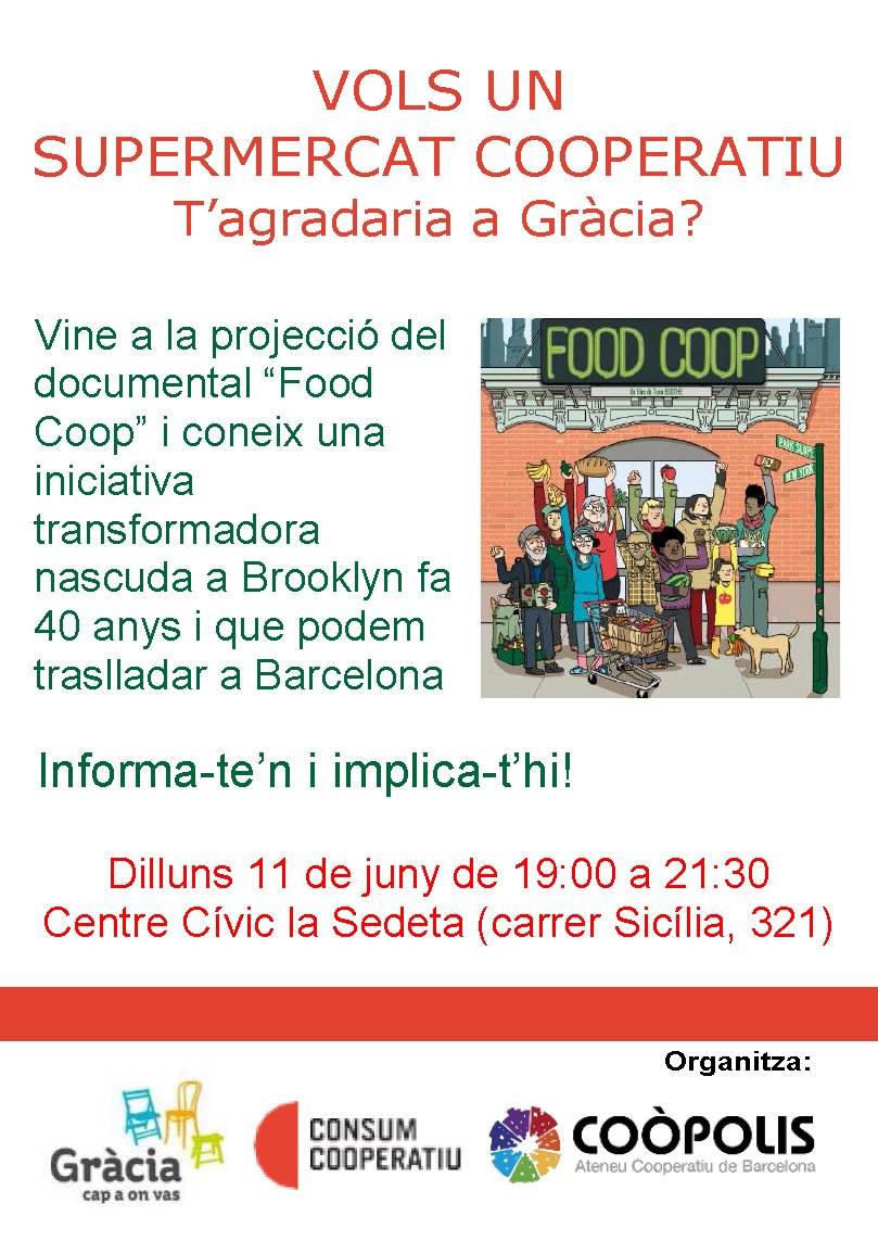 slowBCN's tweet photo. Dilluns 11 de juny a les 19h  a La Sedeta fan el documental #Foodcoop sobre el supermercat cooperatiu de Brooklyn, una experiència que estem treballant per traslladar a Barcelona amb @FoodCoopBCN. Després de la projecció en parlarem. Vindreu? https://t.co/XhmnbLTYNb