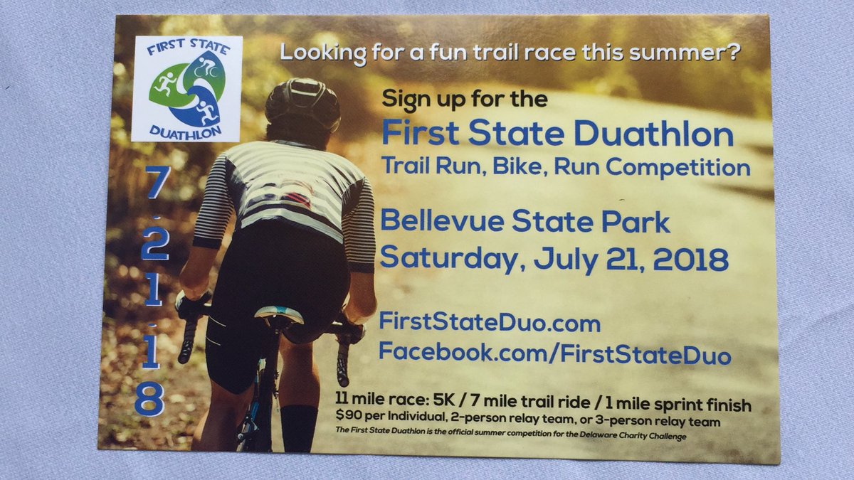 The First State Duathlon is coming up @BellevueSP on Sat. July 21! Cheer on our competitors racing for <a href="/UrbanBikeDE/">Urban Bike Project</a> <a href="/DEBreastCancer/">DE Breast Cancer</a> and others! Register today! #firststateduo FirstStateDuo.com/register