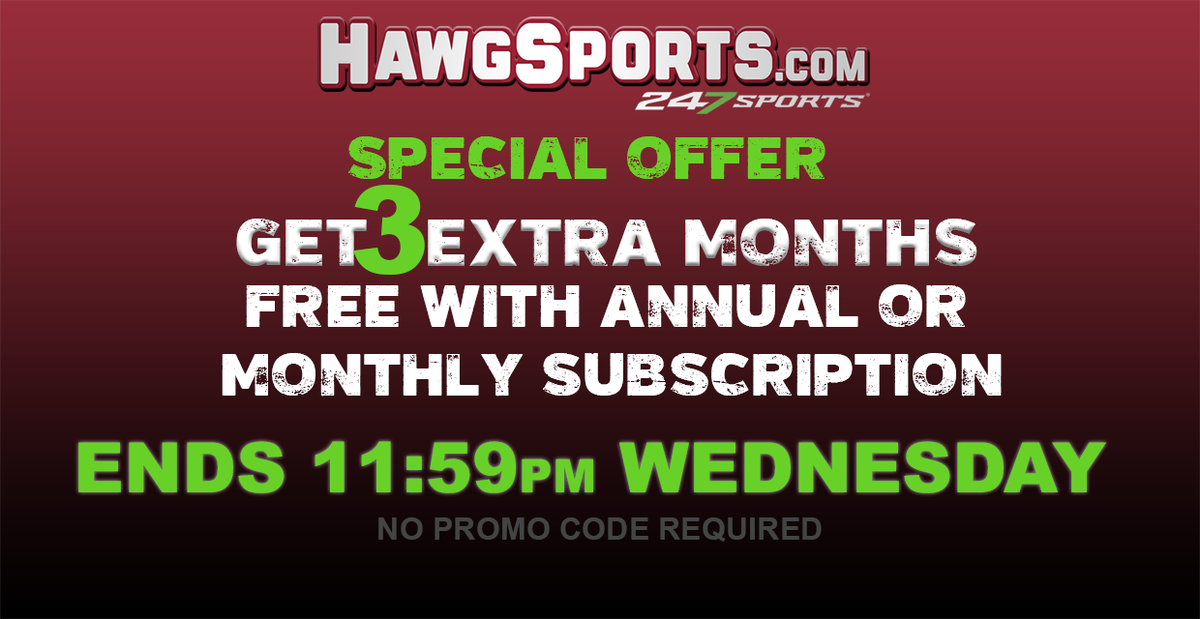 Going to go ahead and re-issue our launch promotion from just over a month ago until tonight at midnight. Sign up for an annual or monthly subscription at HawgSports.com and get 3 FREE bonus months added!! #wps: 247sports.com/college/arkans…