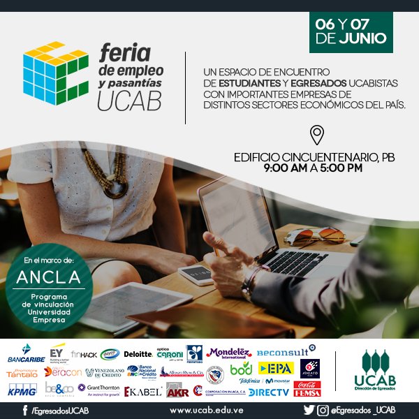 La Feria de empleo y pasantías UCAB 2018 se lleva a cabo los días 6 y 7 de junio en la planta baja del edificio Cincuentenario de la UCAB, en la sede Montalbán, de 9 am a 5 pm. La entrada es libre. ow.ly/SKQu30kkJ5m