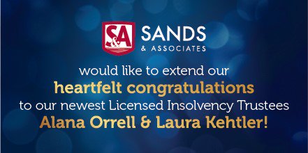 SandsTrustee's tweet photo. Congratulations to our newest Licensed Insolvency Trustees, Alana Orrell and Laura Kehtler, who both successfully met the requirements to practice as Licensed Insolvency Trustees!
 
https://t.co/ZCvWNGIzlv
 
#LIT #KnowingIsNotOwing https://t.co/sxl4zRIEbB