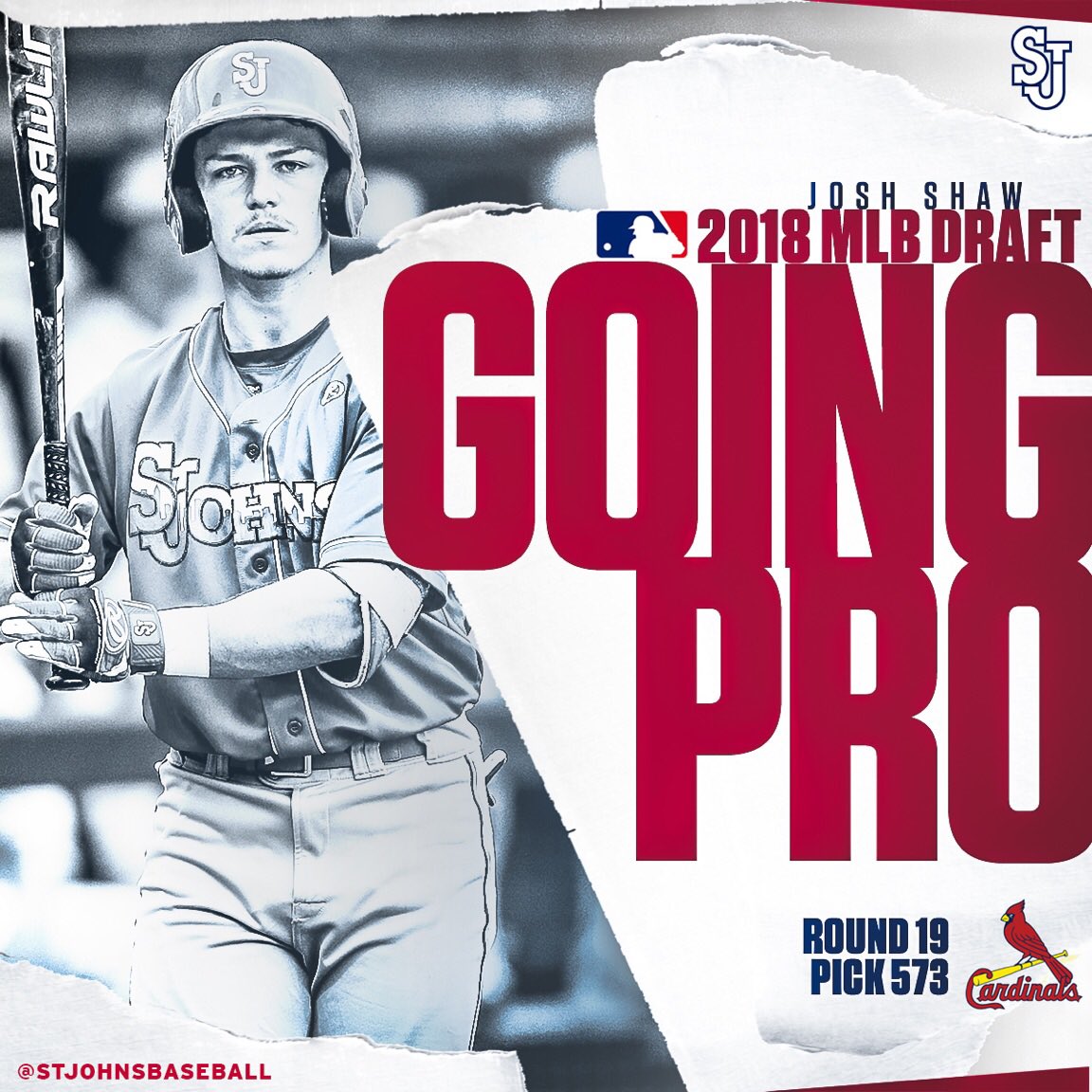 StJohnsBaseball's tweet photo. Another Johnnie off the board in the 19th! 200 hits in three years earn Josh Shaw a pick from the @Cardinals! #SJUBase https://t.co/cIeiOhbp8n