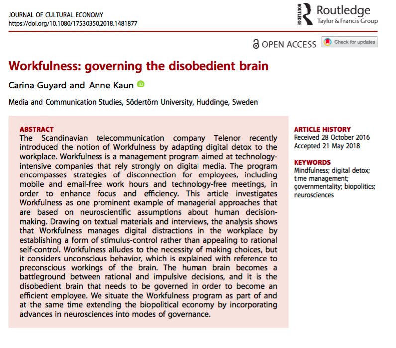 anne_kaun's tweet photo. just published #Workfulness: governing the disobedient brain on how the distraction industry is trying to sell us #disconnection open access https://t.co/MzeXKT71cU https://t.co/sZyEzBUib8