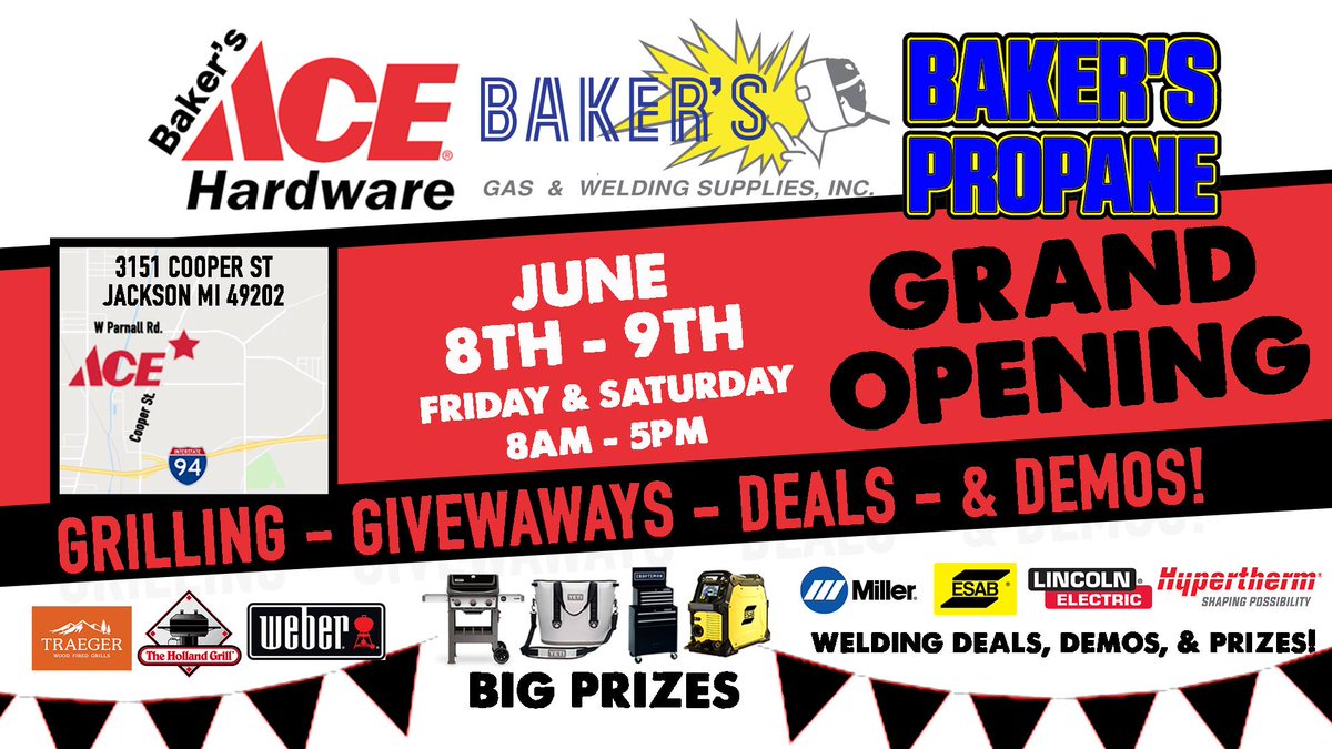 🏁 Baker's Ace Jackson Grand Opening is this Friday and Saturday! 🏁Too many HOT buys to list! We will be grilling all day so please stop by and check out the new store and specials we have running 8am-5pm! See you this weekend! #aceistheplace #jacksonmi #grandopening