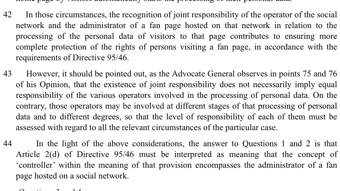 ECJ on joint controllers and use of FB pages in Wirtschaftsakademie (C210/16)
curia.europa.eu/juris/document…