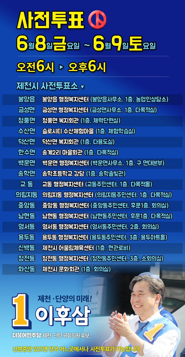 293story's tweet photo. 8일(금)과 9일(토)은 사전투표일입니다. 13일 투표 당일 선거가 어려우신 분들은 미리 사전 투표하세요~ 전국 어디에 계시든 신분증만 들고 가까운 사전투표소에서 투표하실 수 있습니다. 제천시와 단양군의 사전투표소를 알려 드립니다. 사전투표도 더불어민주당 기호1번 이후삼! https://t.co/bqWDSs36Lh