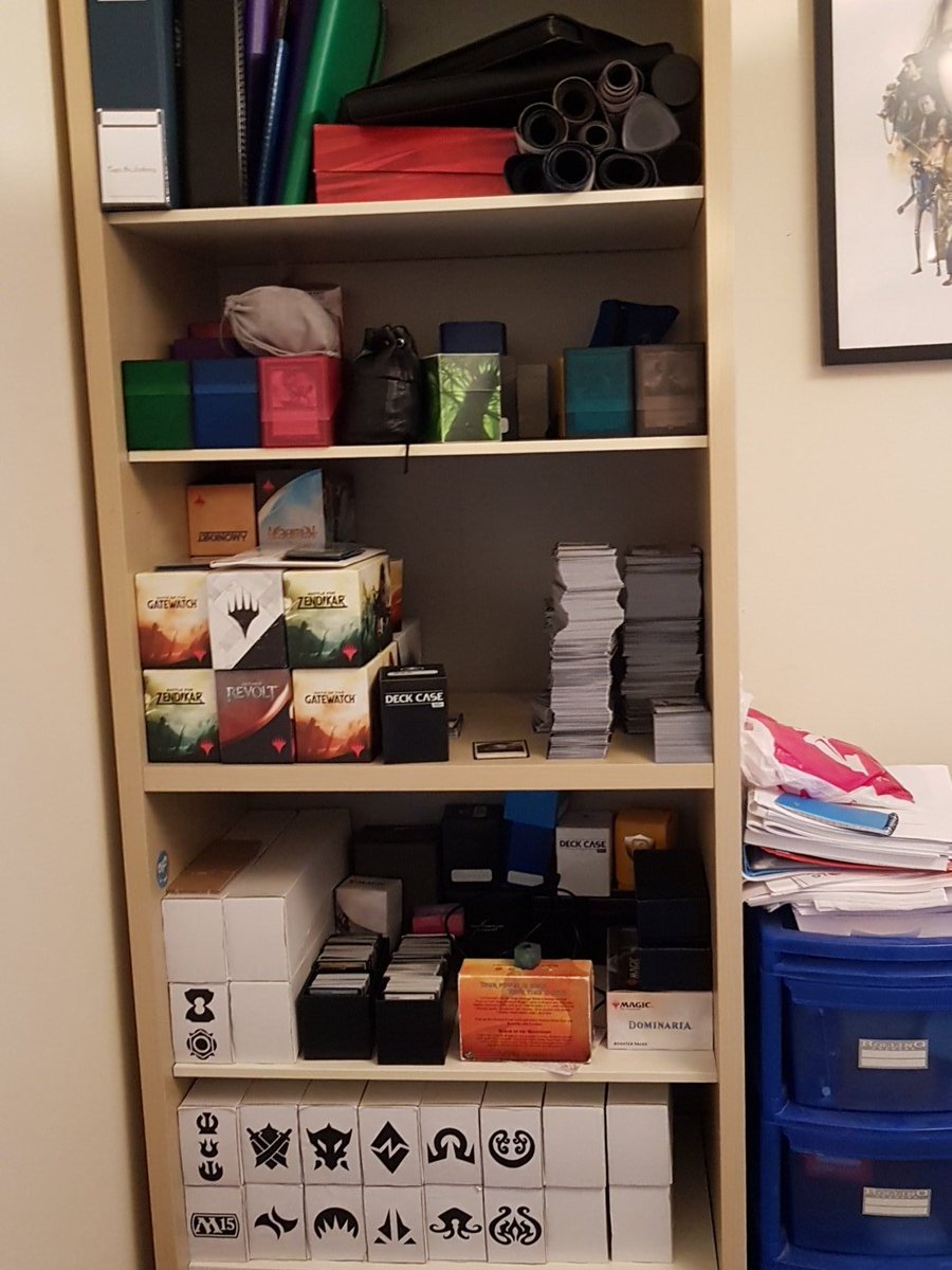 ForCommander's tweet photo. When you think you might have a problem with having too much magic. But then remember it's just that you need another shelving unit :D #storageneeds https://t.co/dFOO9CGm0i